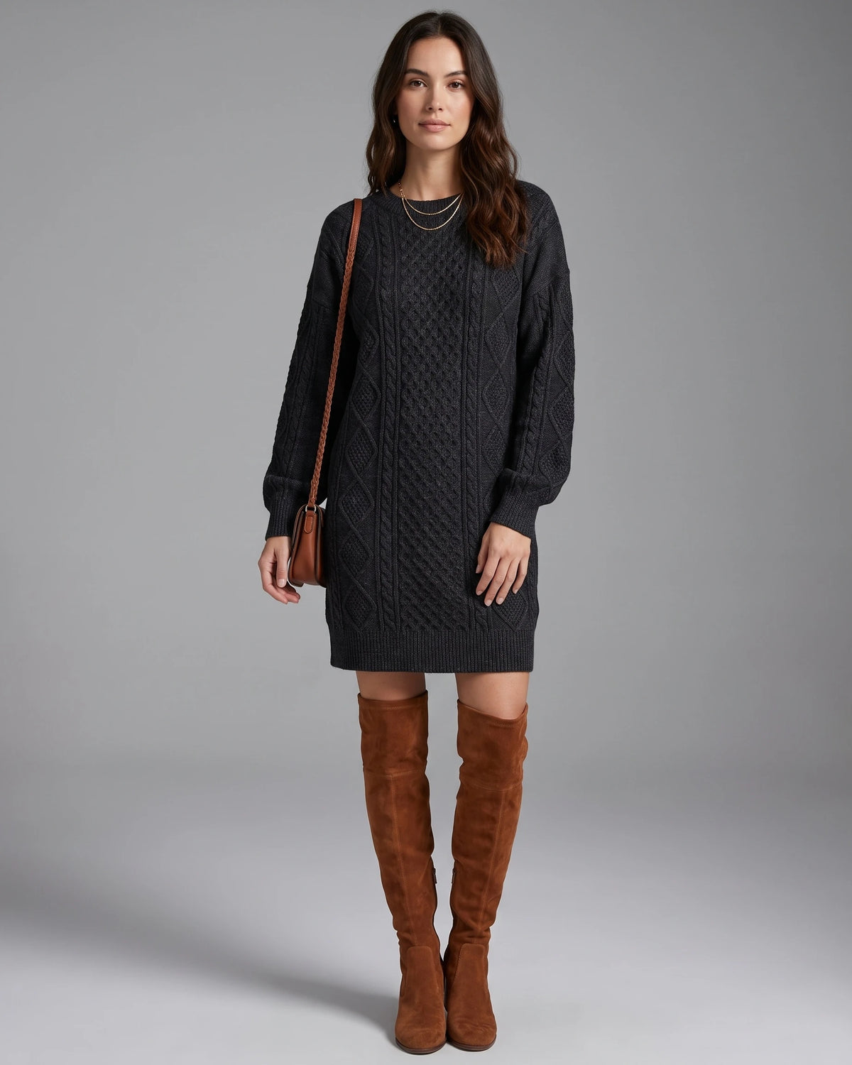 Cable Knit Sweater Dress with Drop Shoulder Sleeves and Ribbed Hem