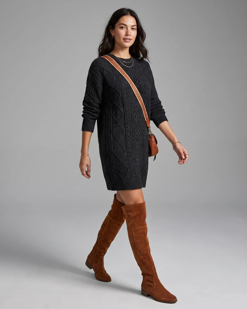 Cable Knit Sweater Dress with Drop Shoulder Sleeves and Ribbed Hem