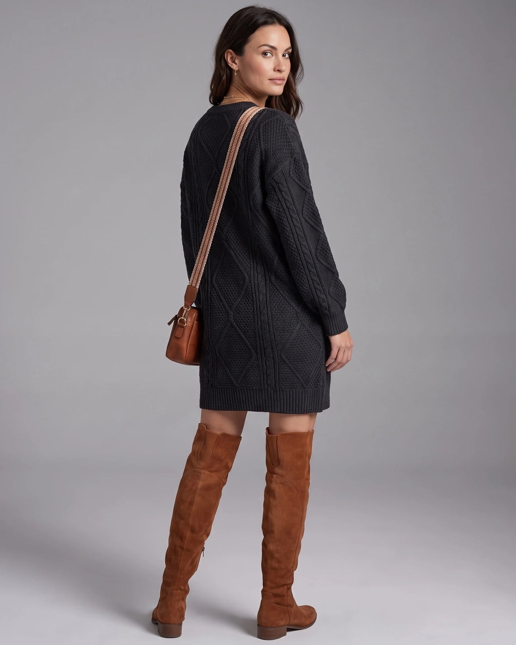 Cable Knit Sweater Dress with Drop Shoulder Sleeves and Ribbed Hem