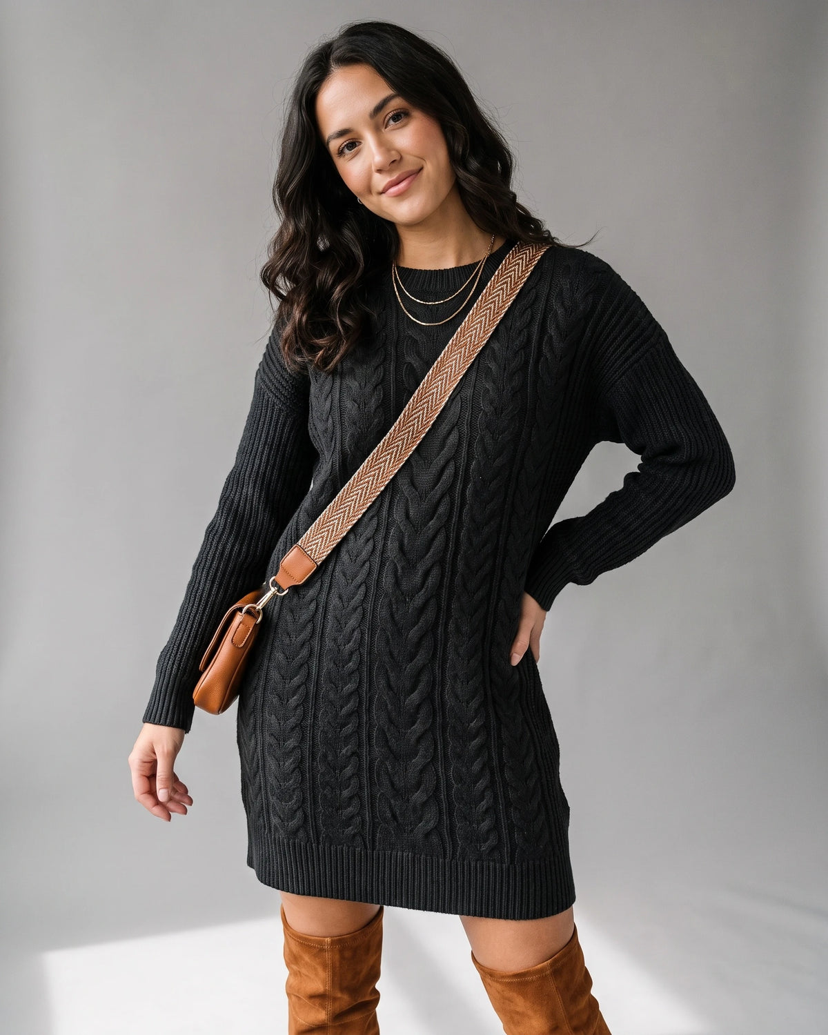 Cable Knit Sweater Dress with Drop Shoulder Sleeves and Ribbed Hem