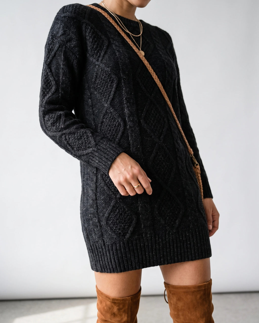 Cable Knit Sweater Dress with Drop Shoulder Sleeves and Ribbed Hem