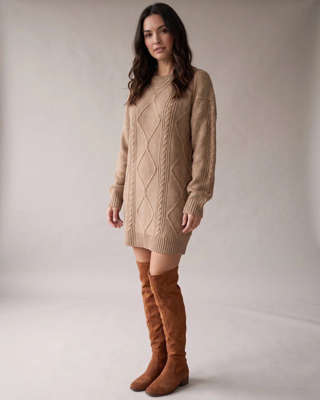Cable Knit Sweater Dress with Drop Shoulder Sleeves and Ribbed Hem