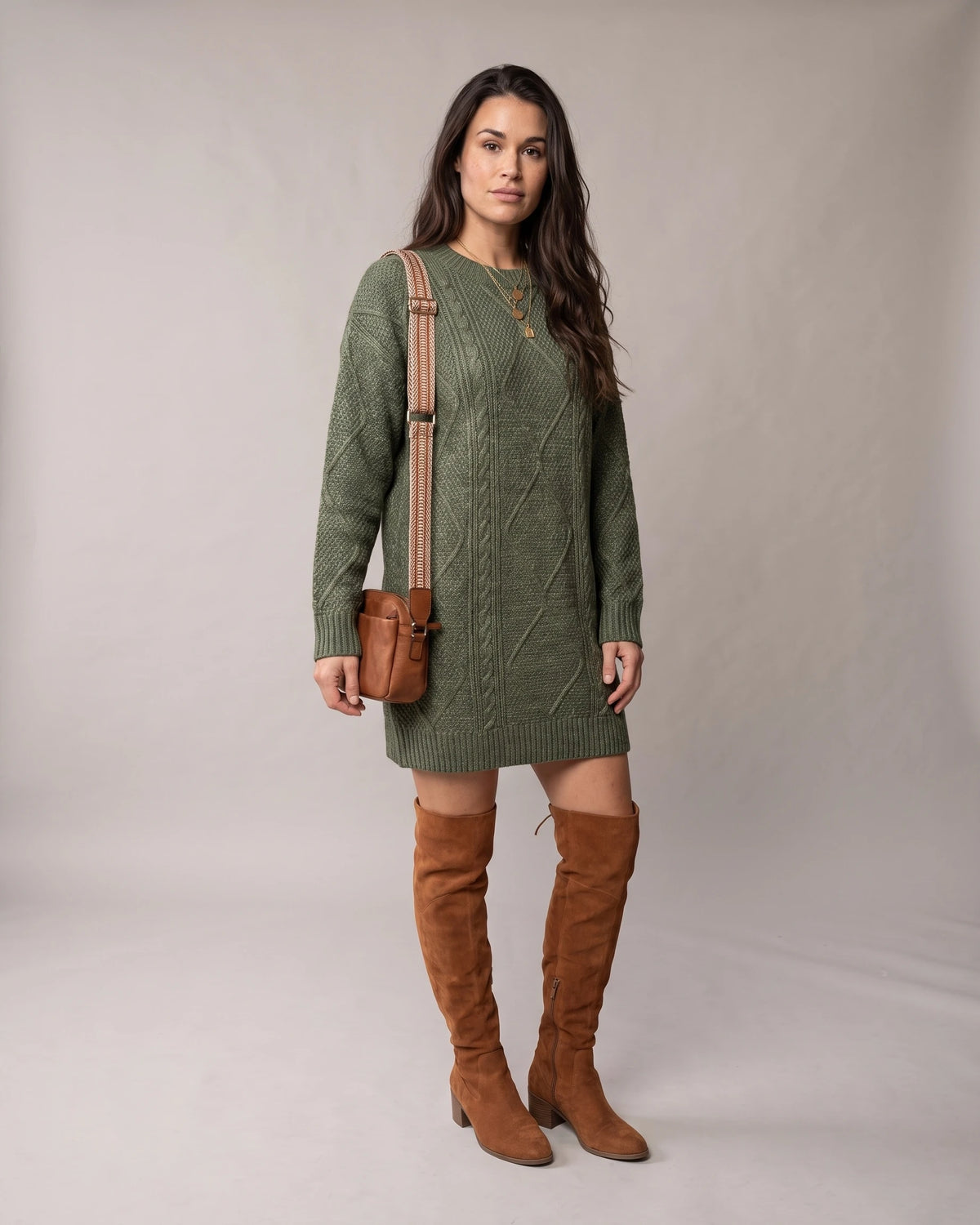 Cable Knit Sweater Dress with Drop Shoulder Sleeves and Ribbed Hem