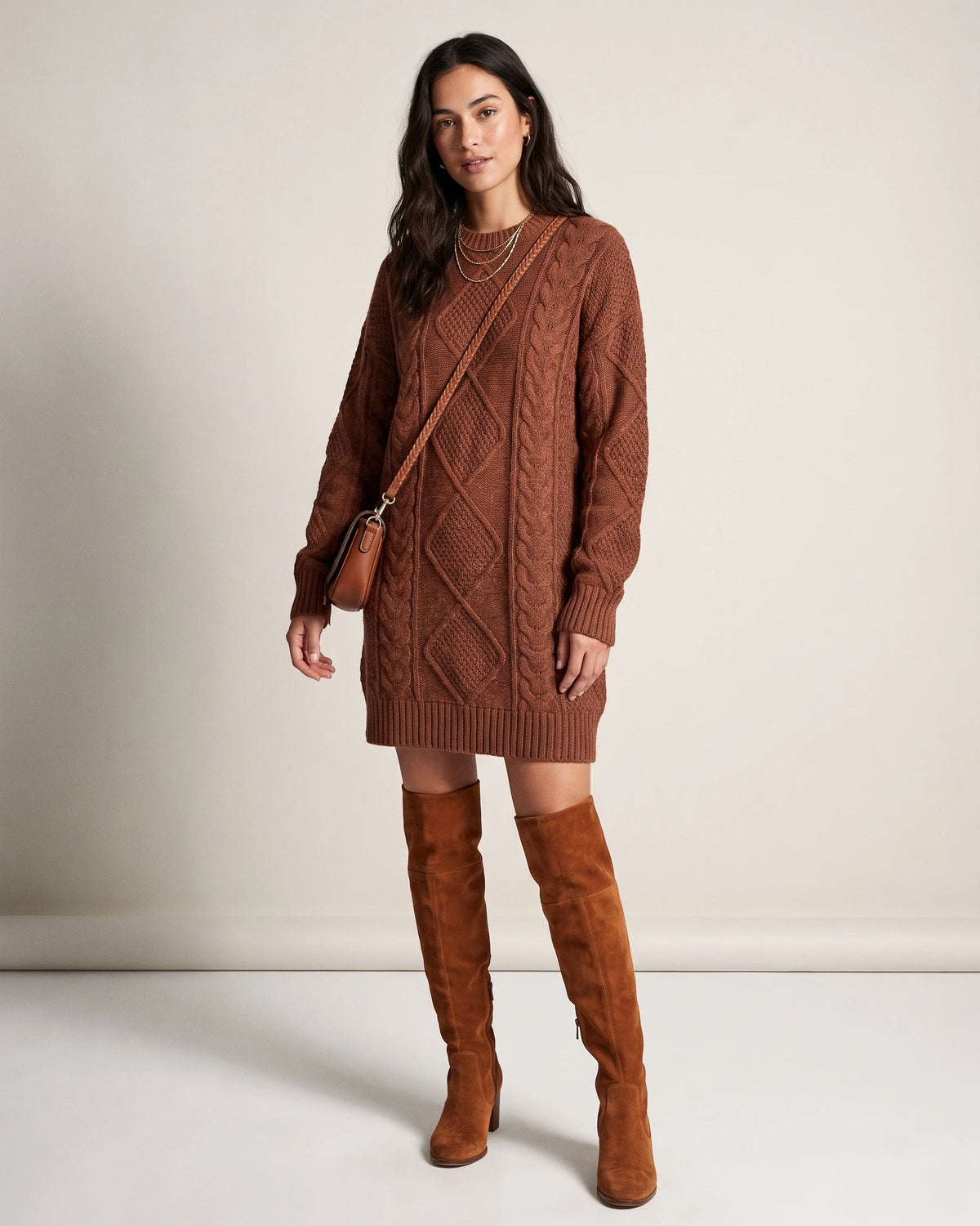 Cable Knit Sweater Dress with Drop Shoulder Sleeves and Ribbed Hem