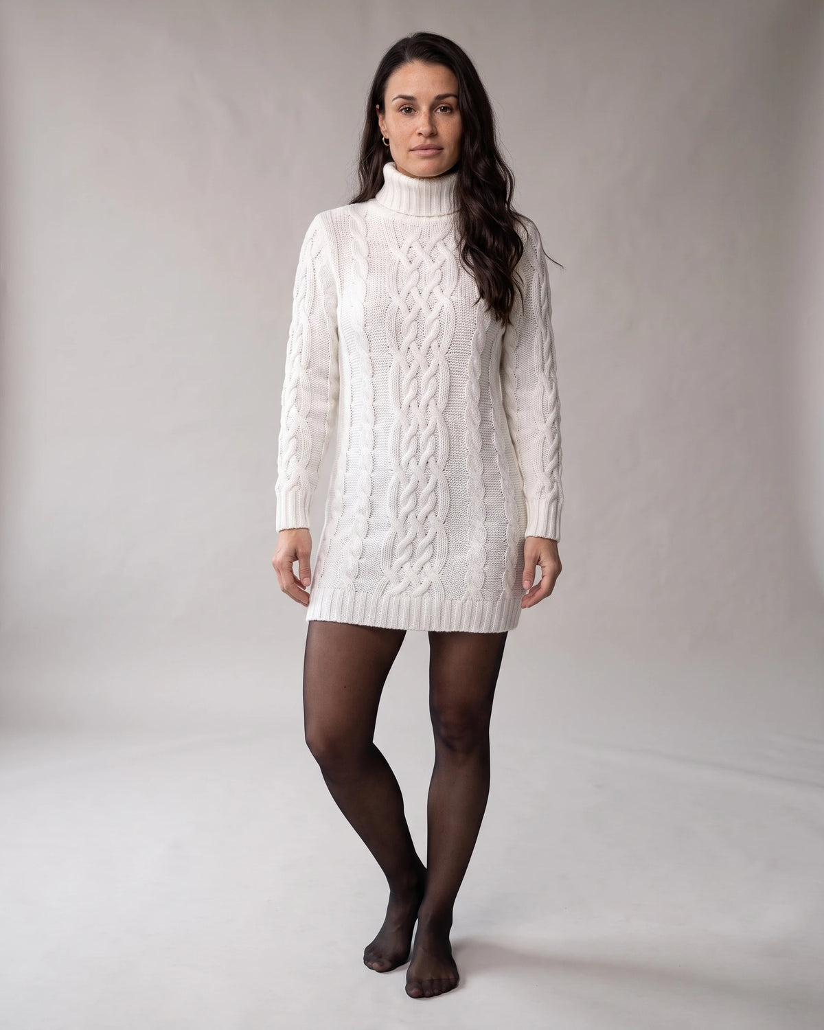 Cable-Knit Turtleneck Sweater Dress with Long Sleeves and Ribbed Hem