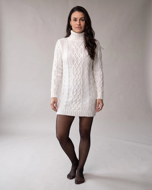 Cable-Knit Turtleneck Sweater Dress with Long Sleeves and Ribbed Hem