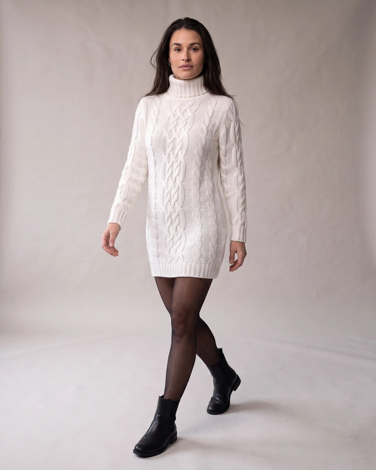 Cable-Knit Turtleneck Sweater Dress with Long Sleeves and Ribbed Hem