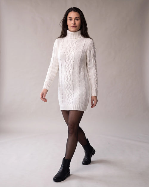 Cable-Knit Turtleneck Sweater Dress with Long Sleeves and Ribbed Hem