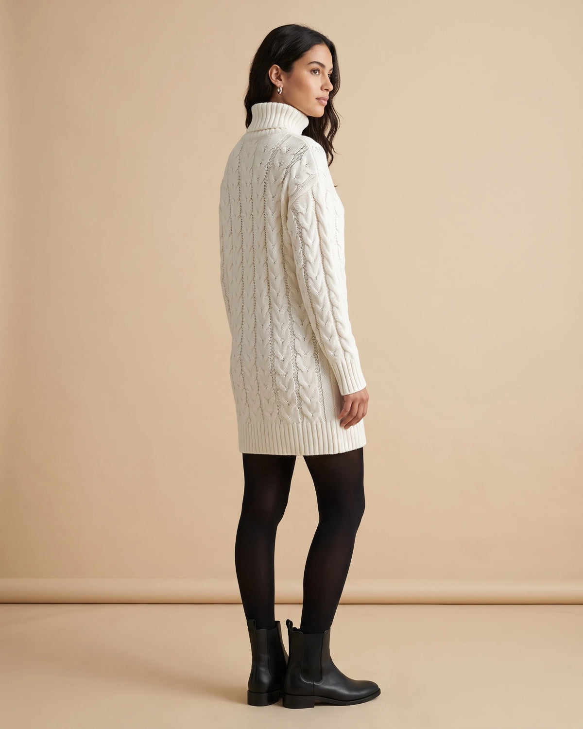 Cable-Knit Turtleneck Sweater Dress with Long Sleeves and Ribbed Hem