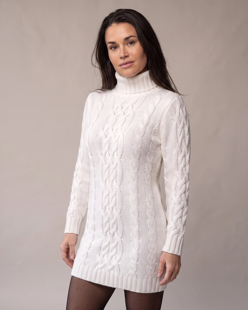 Cable-Knit Turtleneck Sweater Dress with Long Sleeves and Ribbed Hem