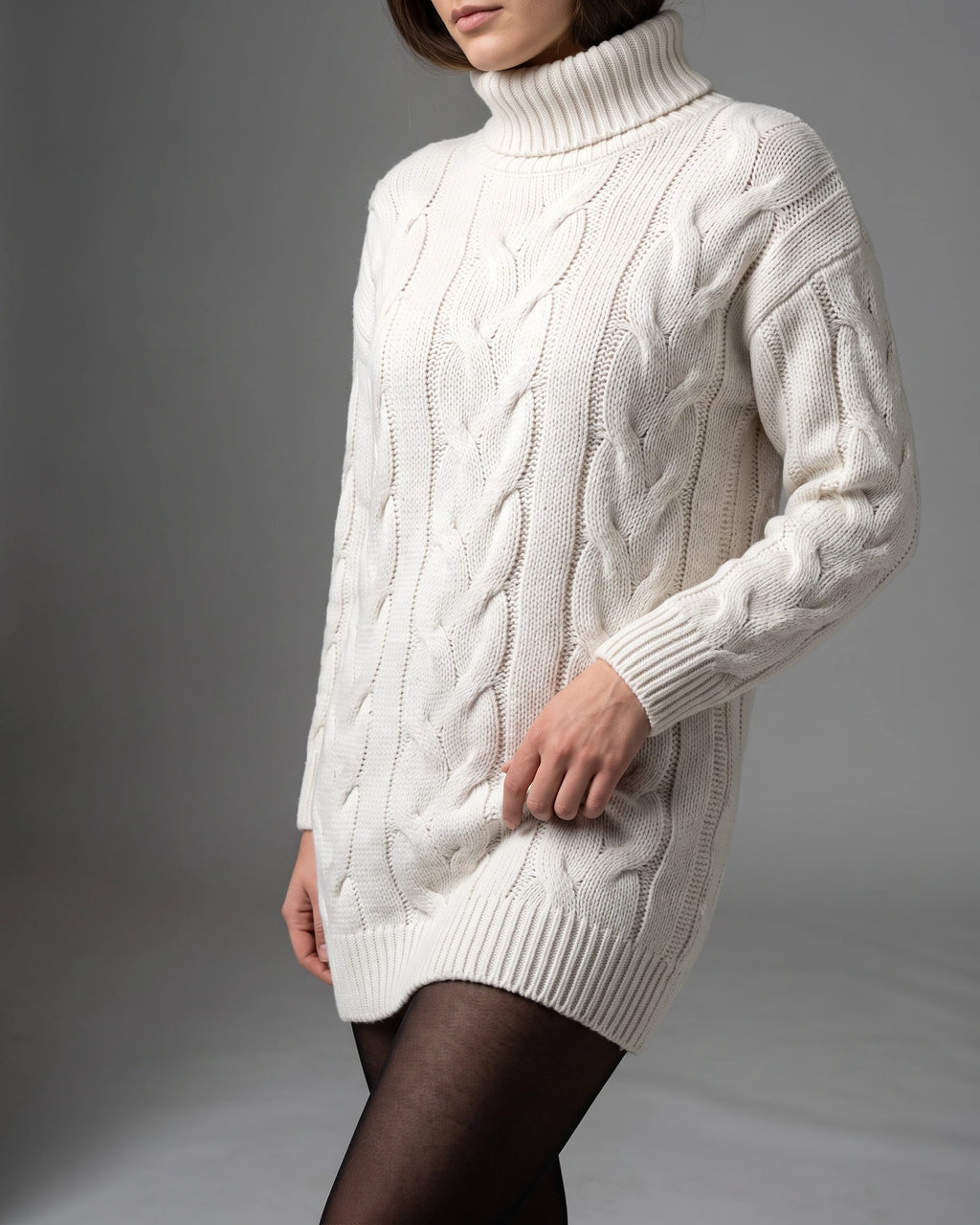 Cable-Knit Turtleneck Sweater Dress with Long Sleeves and Ribbed Hem