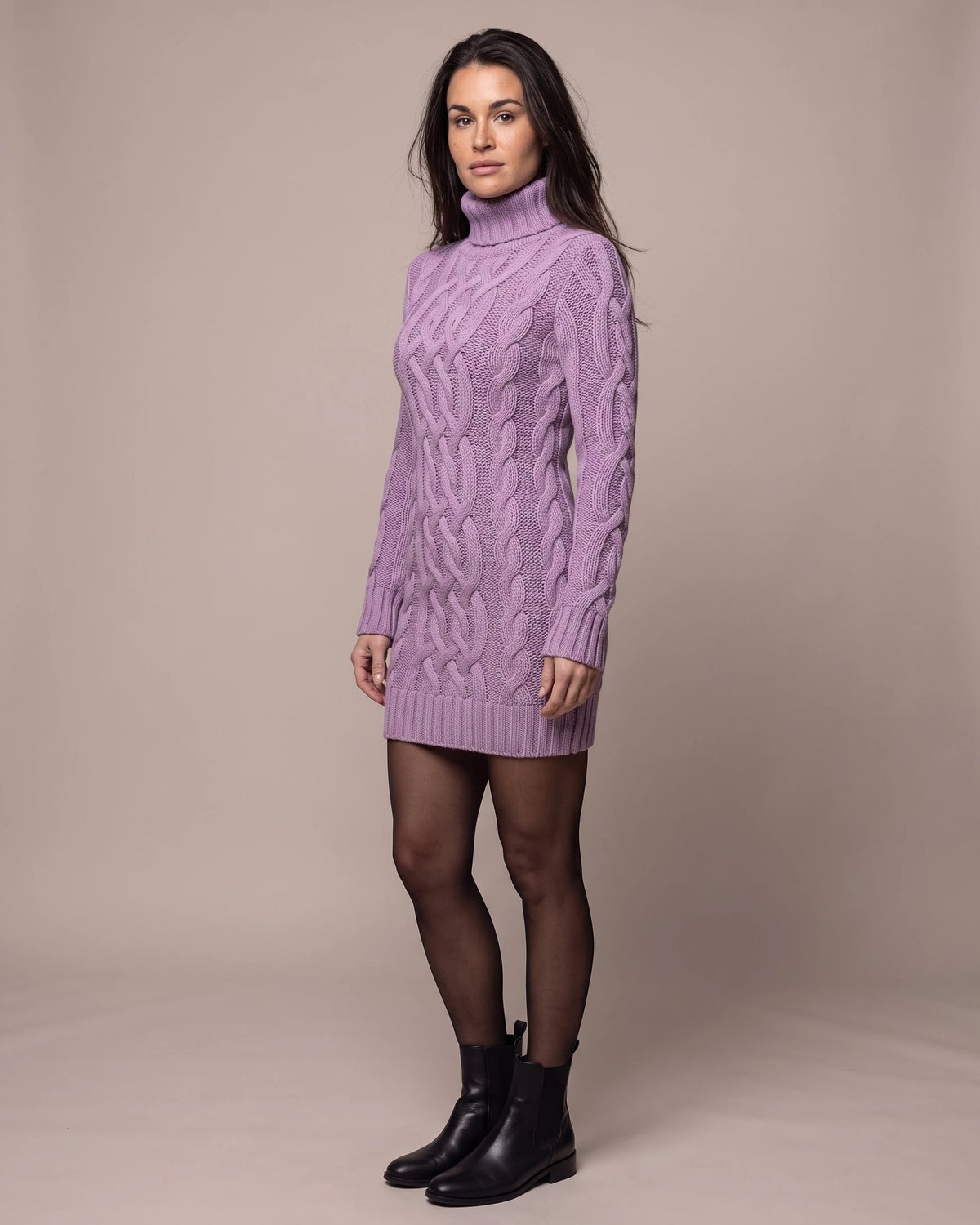 Cable-Knit Turtleneck Sweater Dress with Long Sleeves and Ribbed Hem