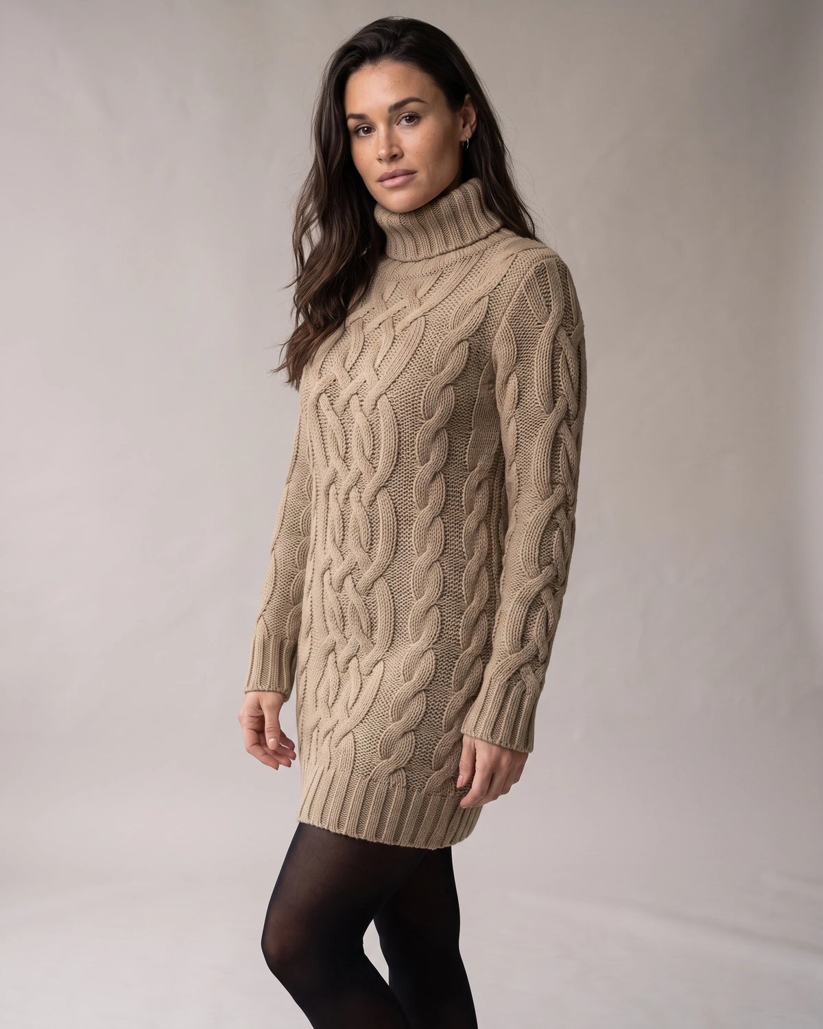 Cable-Knit Turtleneck Sweater Dress with Long Sleeves and Ribbed Hem