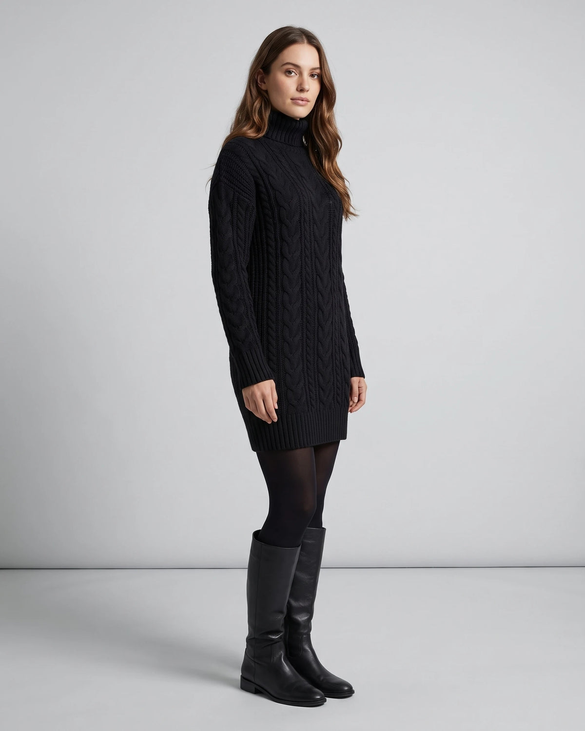 Cable-Knit Turtleneck Sweater Dress with Long Sleeves and Ribbed Hem