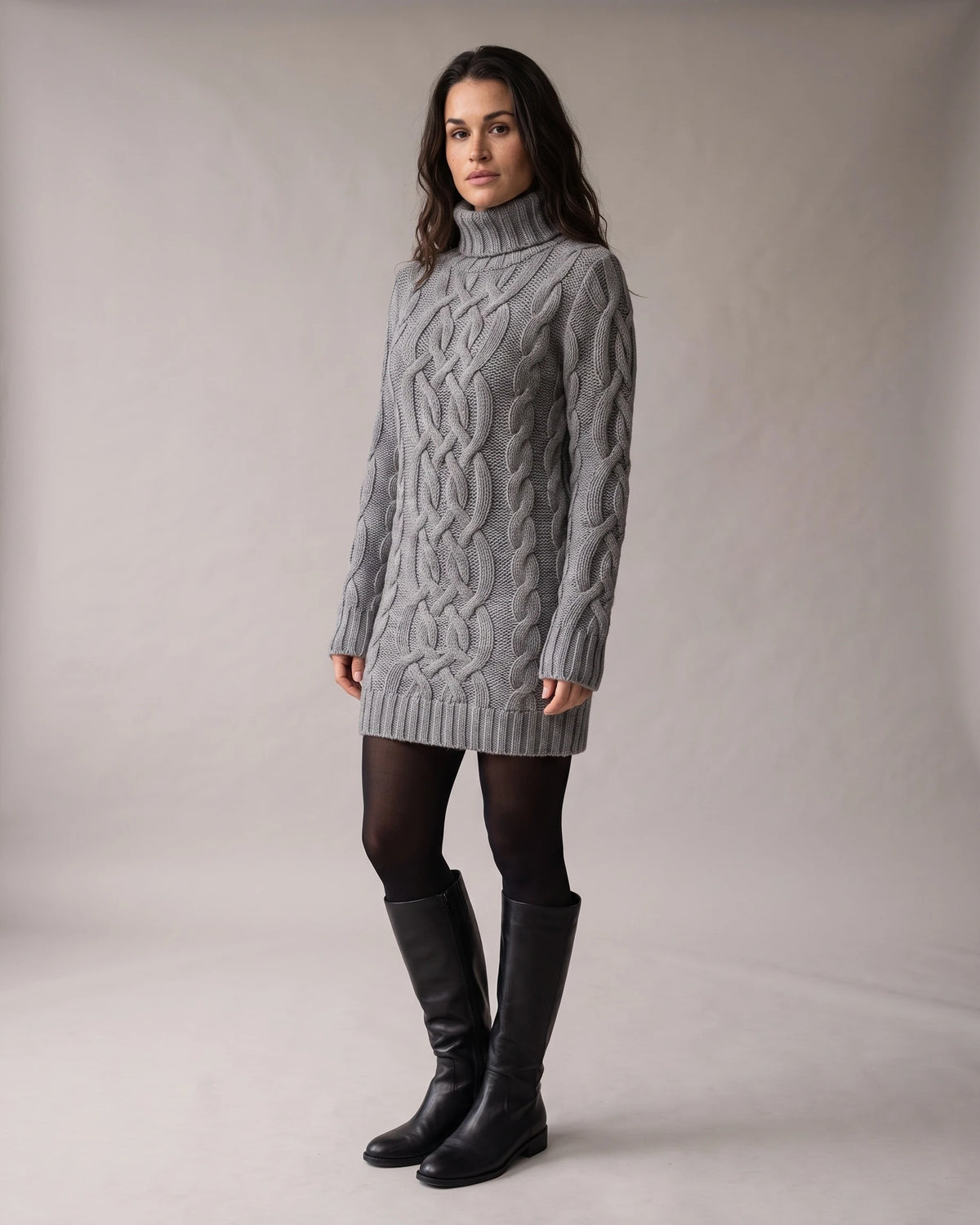 Cable-Knit Turtleneck Sweater Dress with Long Sleeves and Ribbed Hem