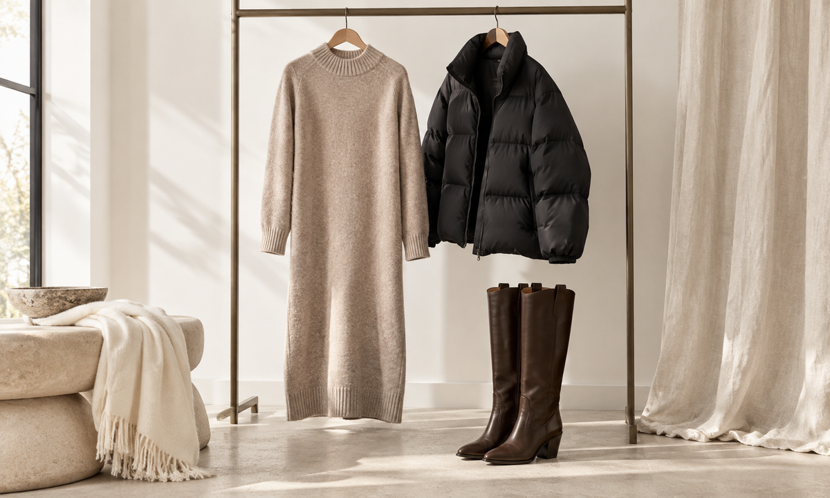 Neutral knit dress, black puffer jacket, and knee-high boots displayed in a bright studio.