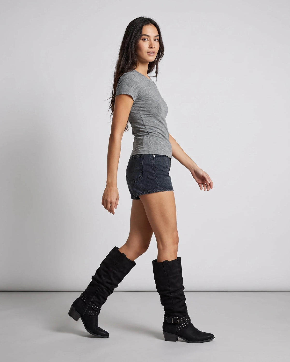 Slouchy Knee High Boots with Studded Buckle Strap and Stacked Block Heel