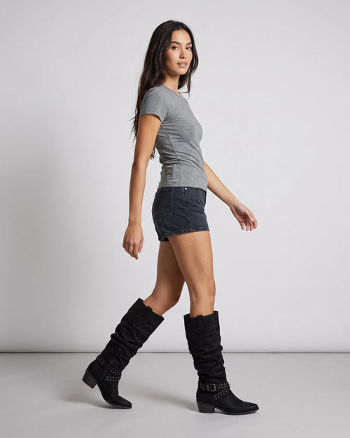 Slouchy Knee High Boots with Studded Buckle Strap and Stacked Block Heel