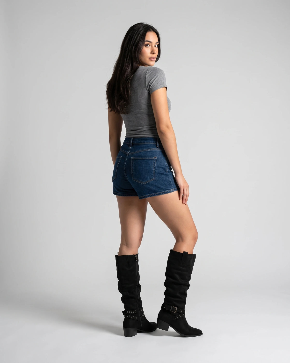 Slouchy Knee High Boots with Studded Buckle Strap and Stacked Block Heel