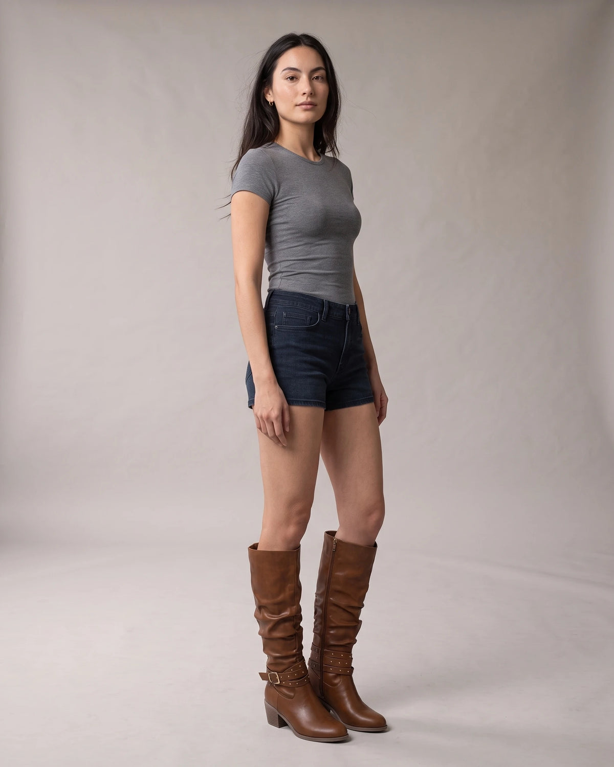 Slouchy Knee High Boots with Studded Buckle Strap and Stacked Block Heel