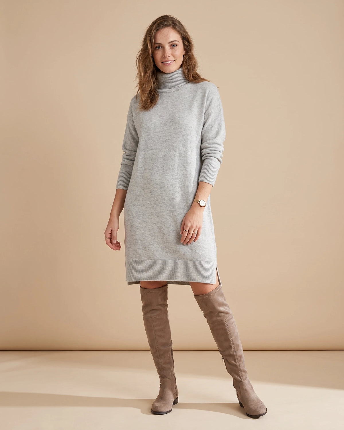 Turtleneck Knit Sweater Dress with Long Sleeves and Ribbed Hem