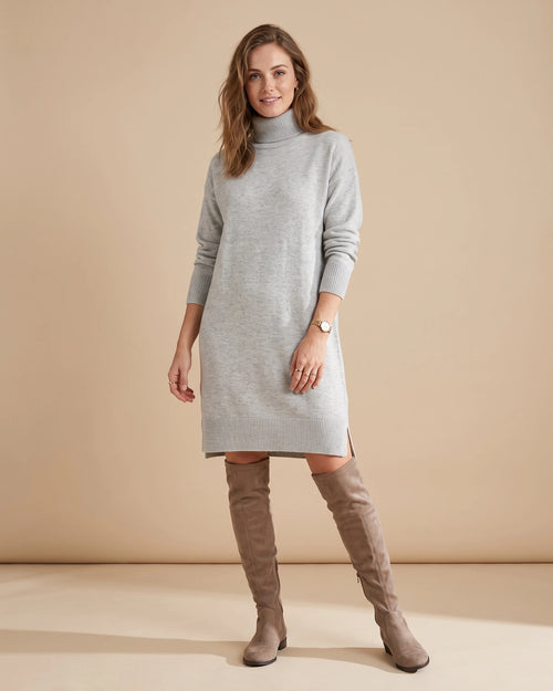 Turtleneck Knit Sweater Dress with Long Sleeves and Ribbed Hem