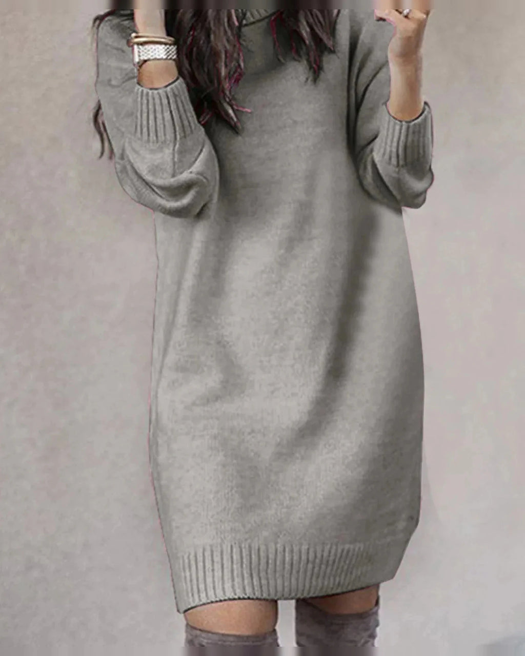 Turtleneck Knit Sweater Dress with Long Sleeves and Ribbed Hem