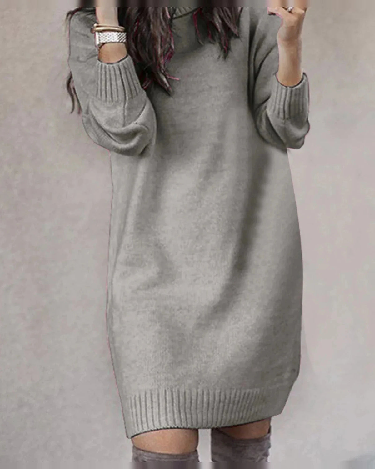 Turtleneck Knit Sweater Dress with Long Sleeves and Ribbed Hem