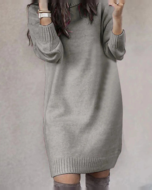 Turtleneck Knit Sweater Dress with Long Sleeves and Ribbed Hem