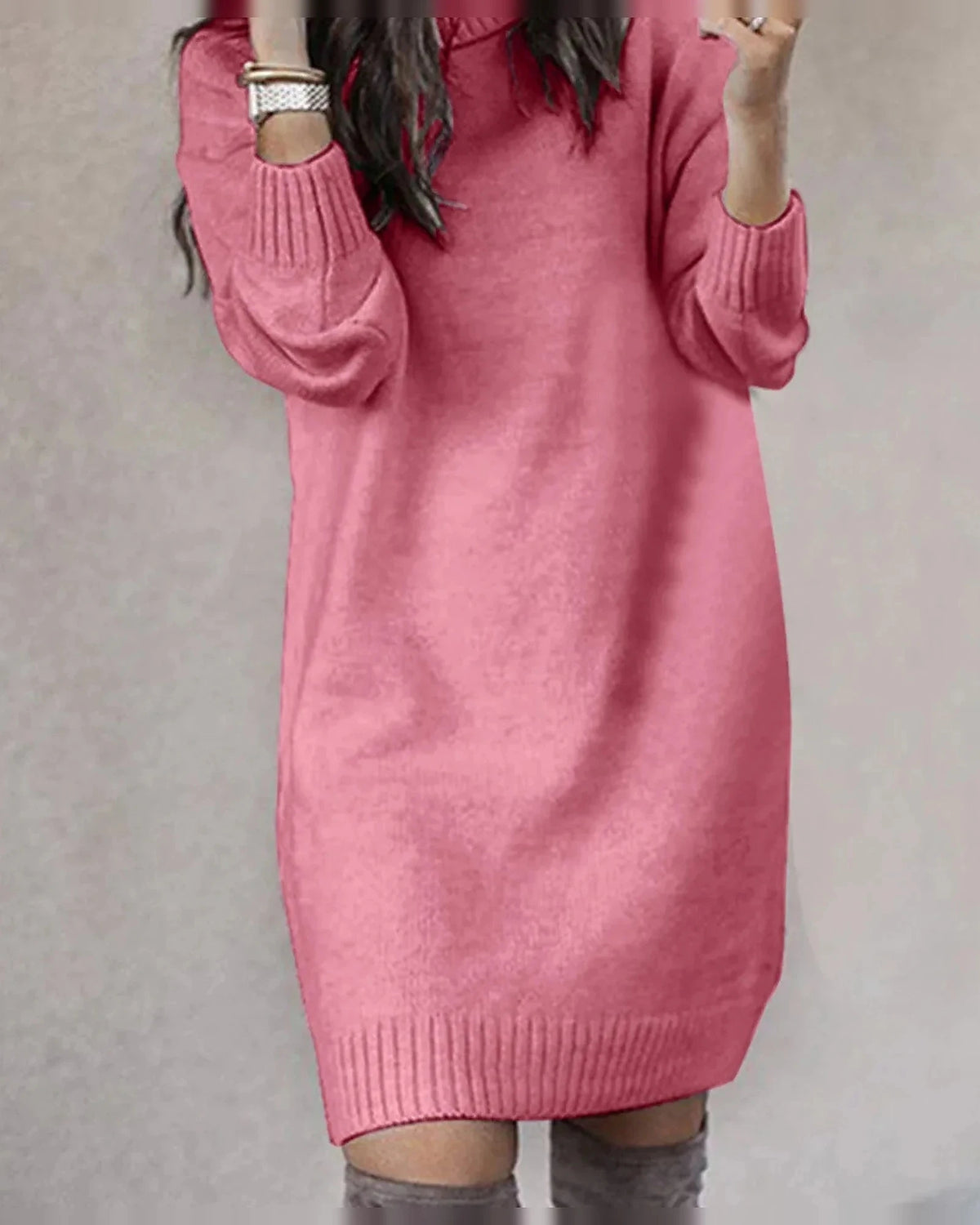 Turtleneck Knit Sweater Dress with Long Sleeves and Ribbed Hem