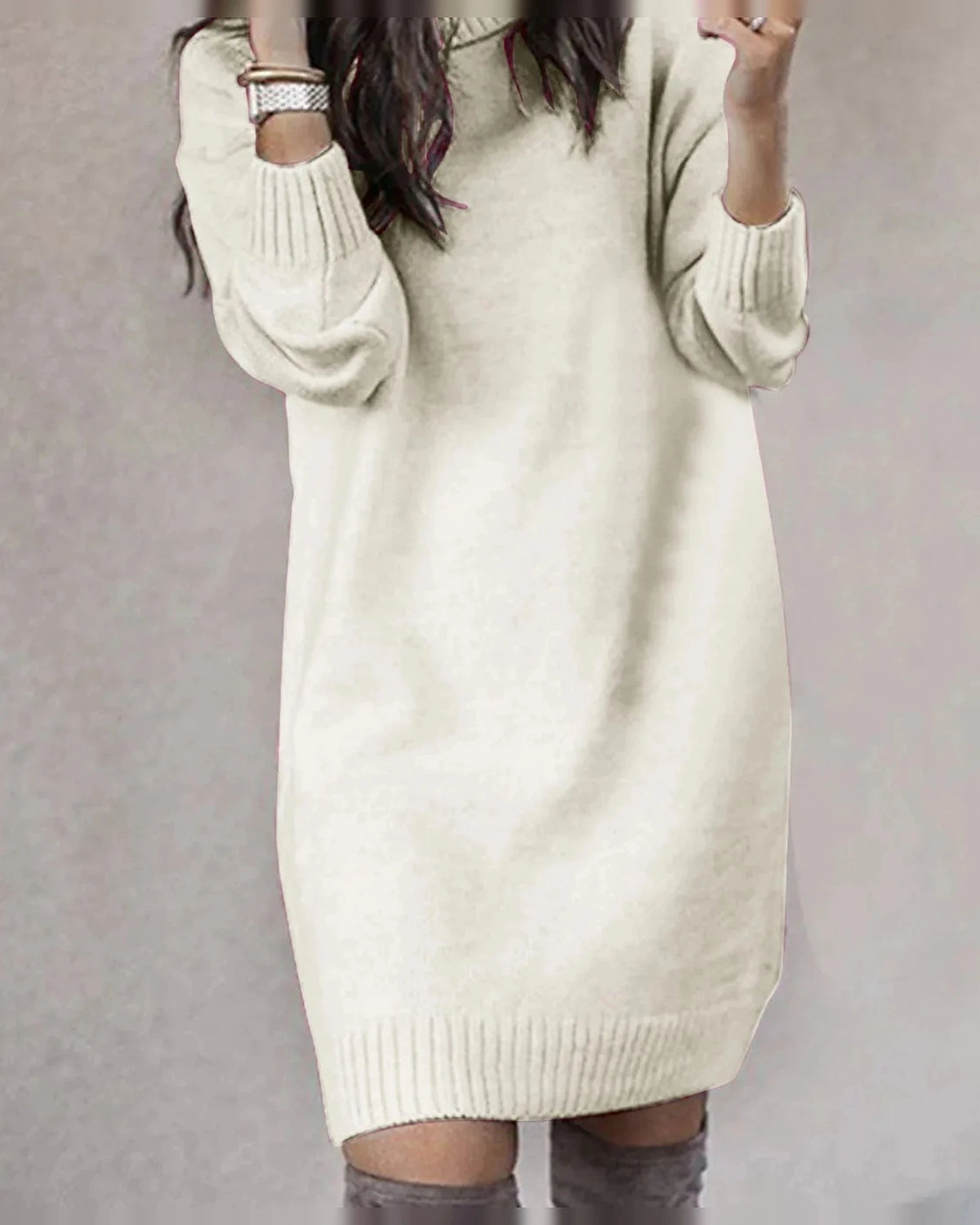 Turtleneck Knit Sweater Dress with Long Sleeves and Ribbed Hem