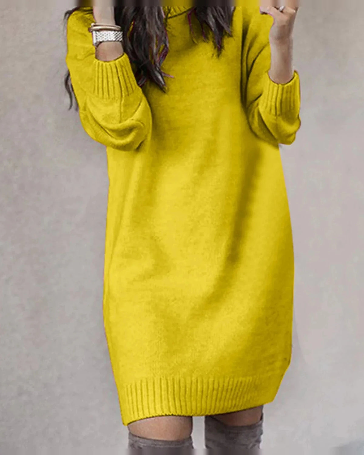 Turtleneck Knit Sweater Dress with Long Sleeves and Ribbed Hem