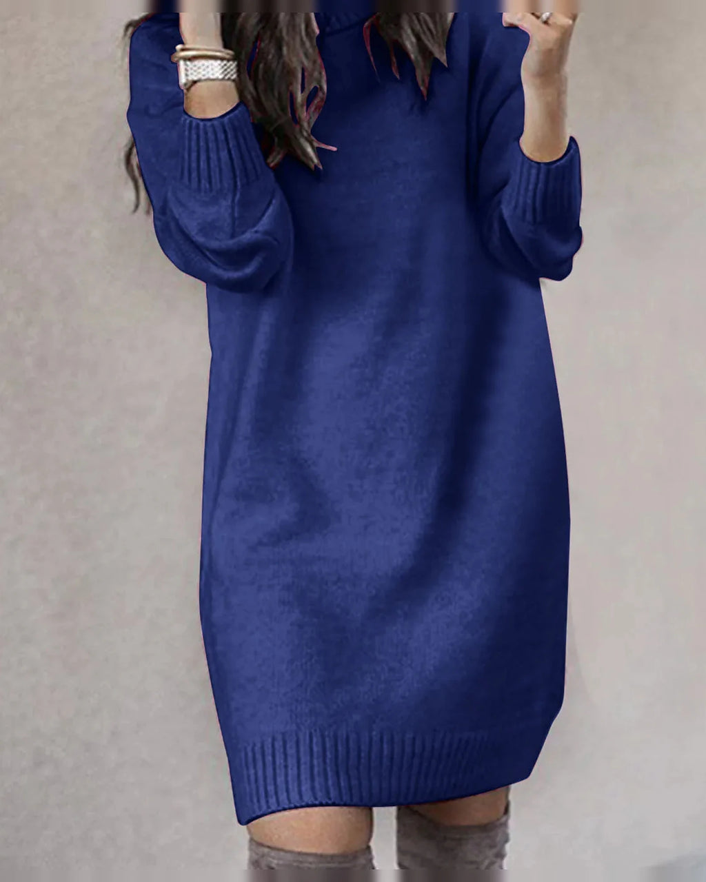 Turtleneck Knit Sweater Dress with Long Sleeves and Ribbed Hem
