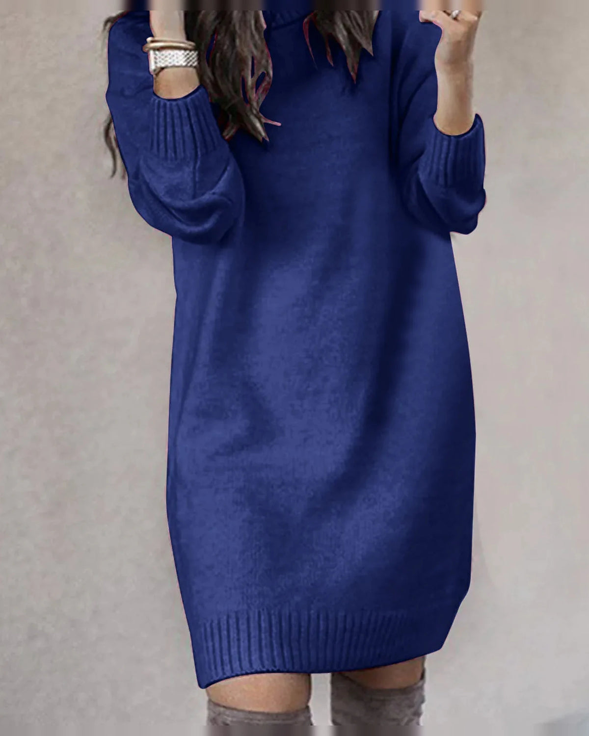Turtleneck Knit Sweater Dress with Long Sleeves and Ribbed Hem