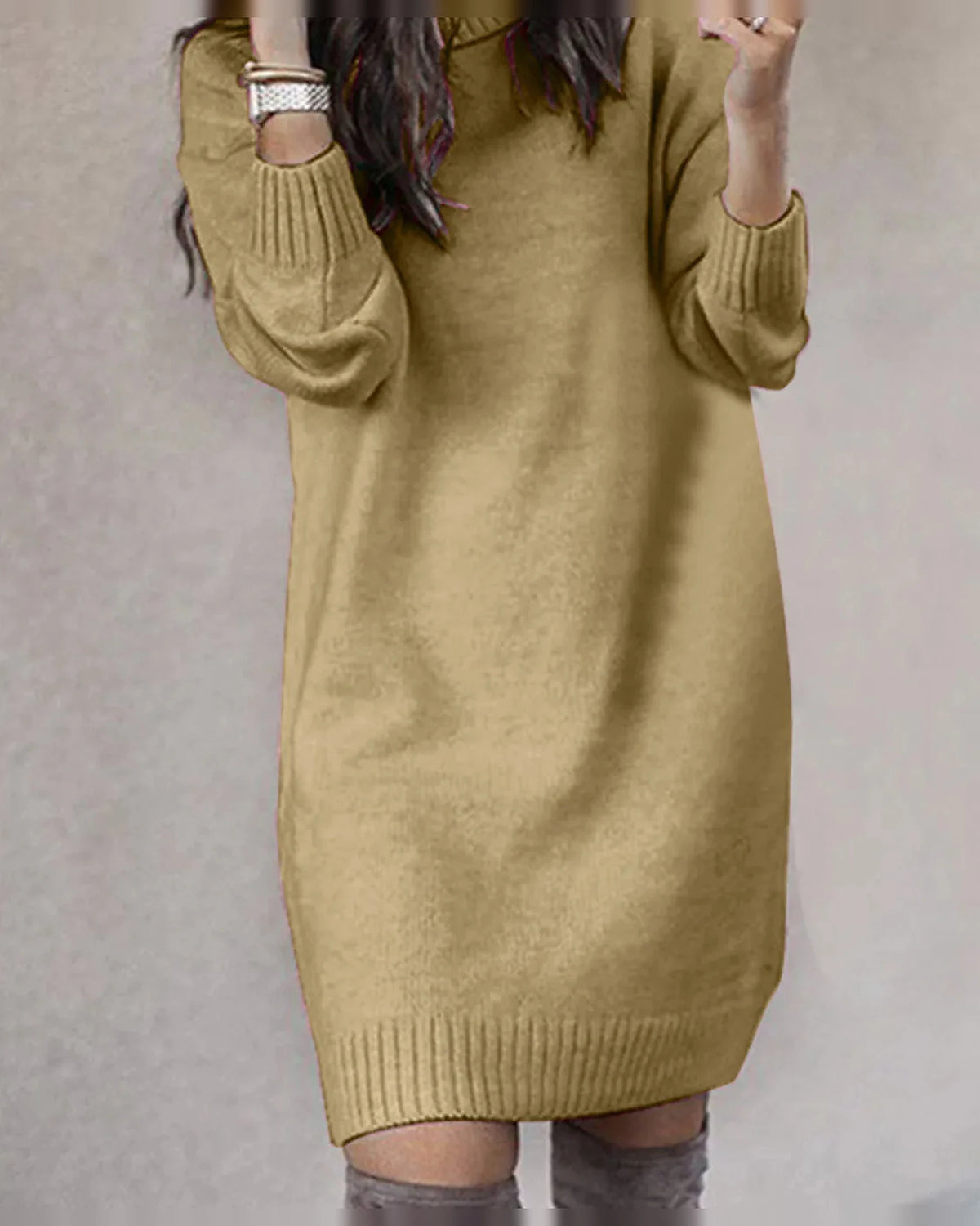 Turtleneck Knit Sweater Dress with Long Sleeves and Ribbed Hem