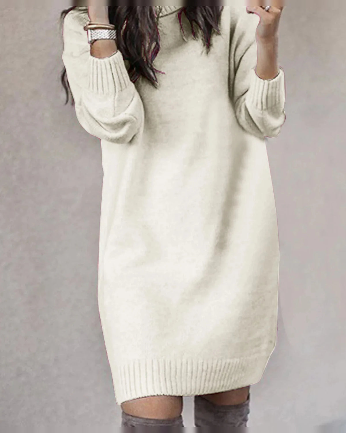 Turtleneck Knit Sweater Dress with Long Sleeves and Ribbed Hem