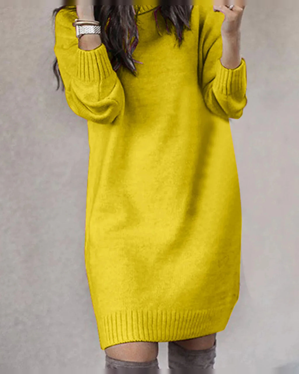Turtleneck Knit Sweater Dress with Long Sleeves and Ribbed Hem