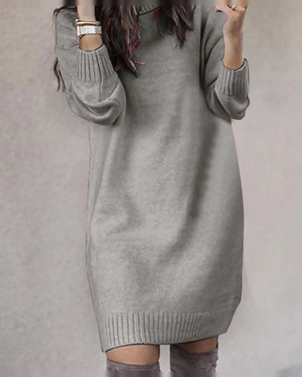 Turtleneck Knit Sweater Dress with Long Sleeves and Ribbed Hem