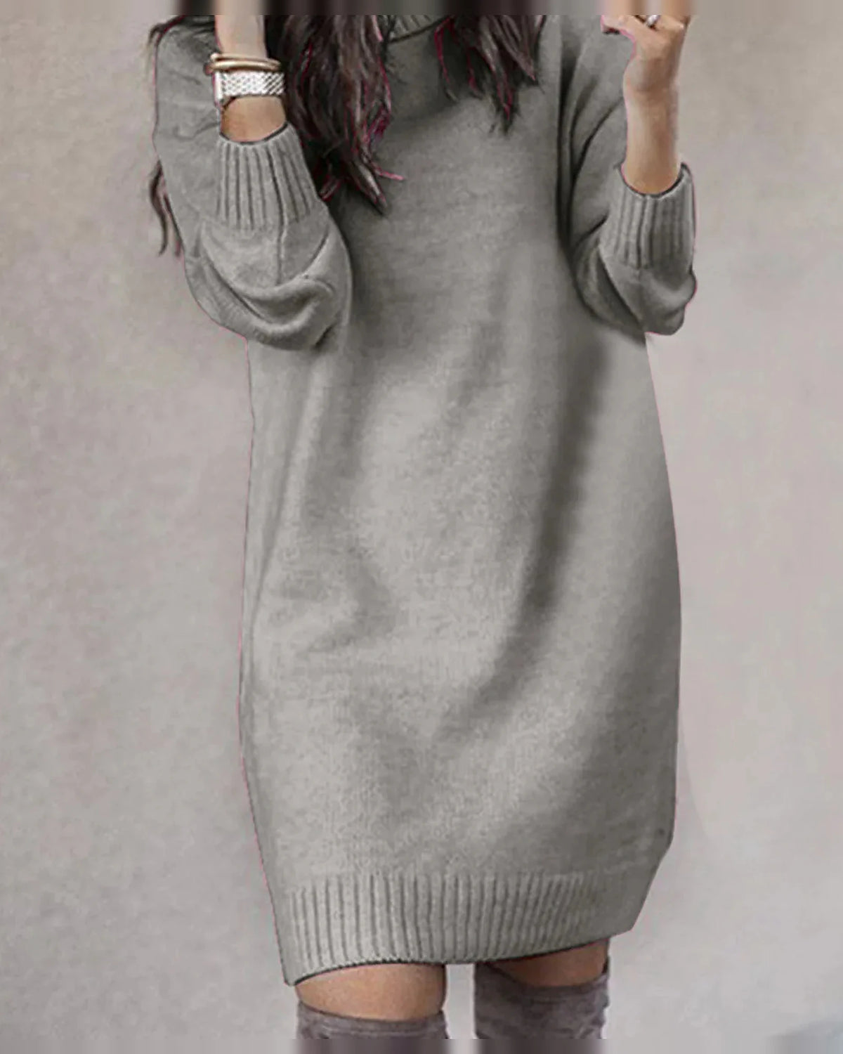 Turtleneck Knit Sweater Dress with Long Sleeves and Ribbed Hem