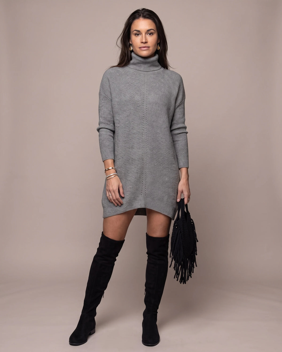 Turtleneck Ribbed Sweater Mini Dress with Long Sleeves and Relaxed Fit