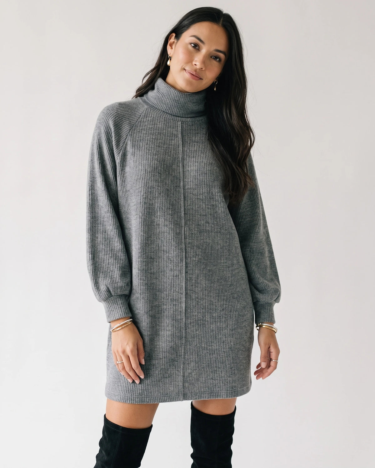 Turtleneck Ribbed Sweater Mini Dress with Long Sleeves and Relaxed Fit