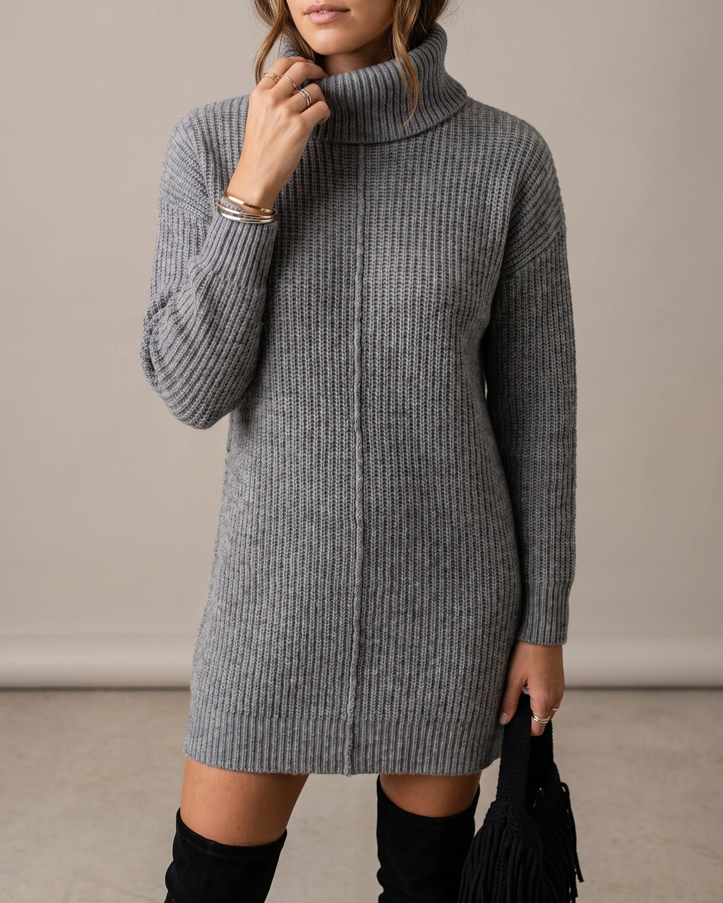 Turtleneck Ribbed Sweater Mini Dress with Long Sleeves and Relaxed Fit