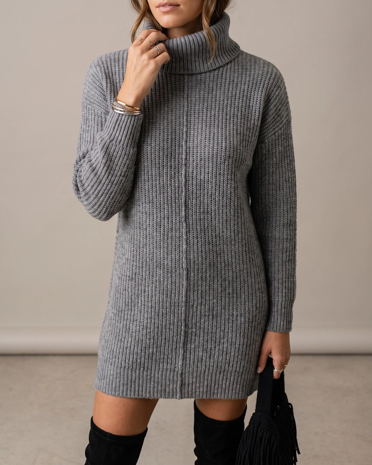 Turtleneck Ribbed Sweater Mini Dress with Long Sleeves and Relaxed Fit