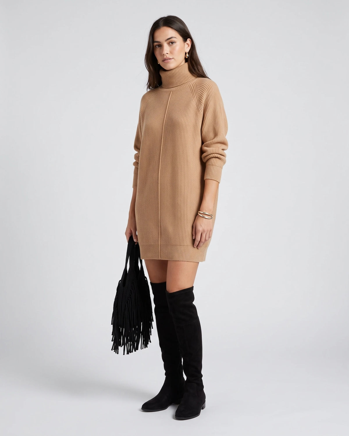 Turtleneck Ribbed Sweater Mini Dress with Long Sleeves and Relaxed Fit