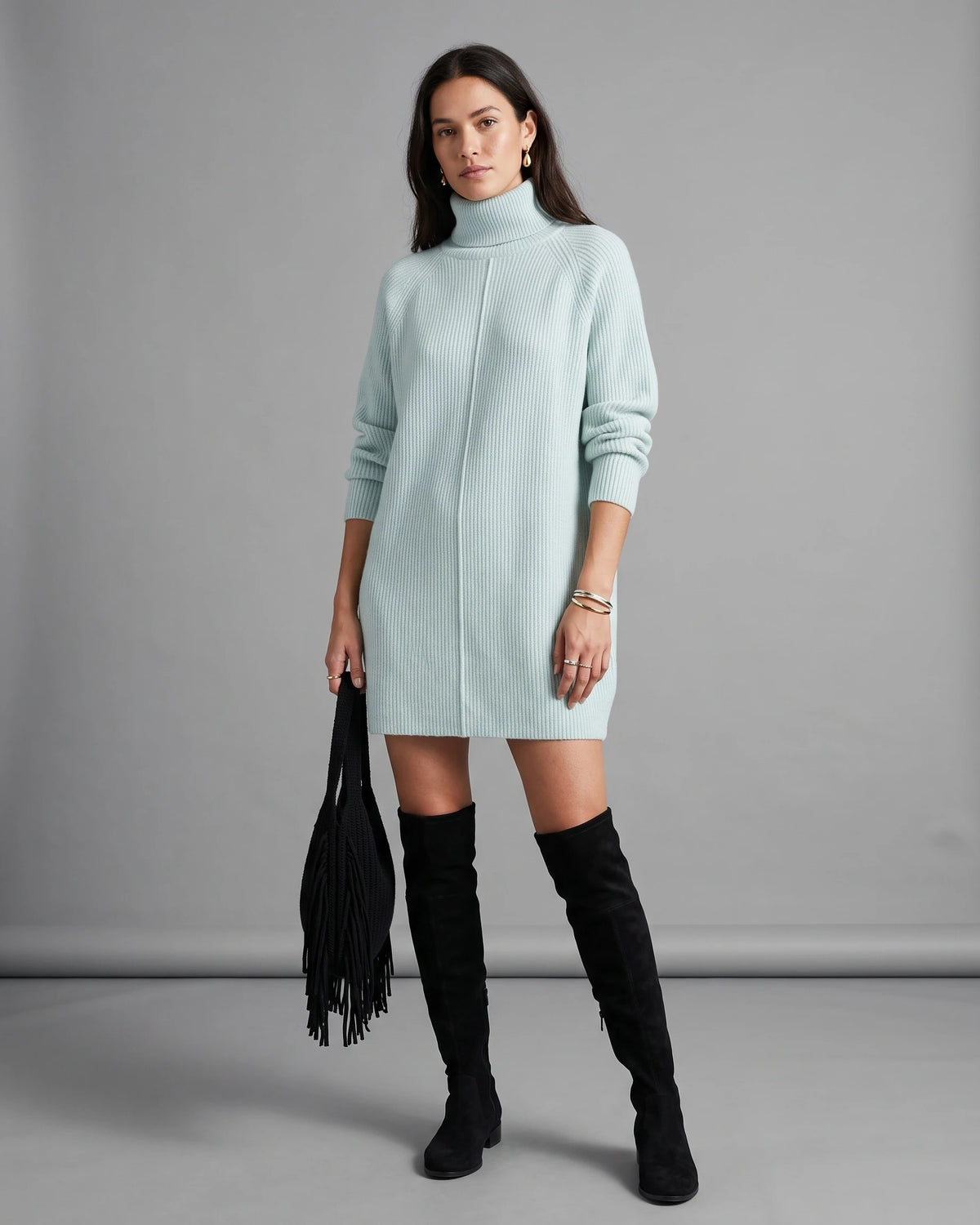 Turtleneck Ribbed Sweater Mini Dress with Long Sleeves and Relaxed Fit