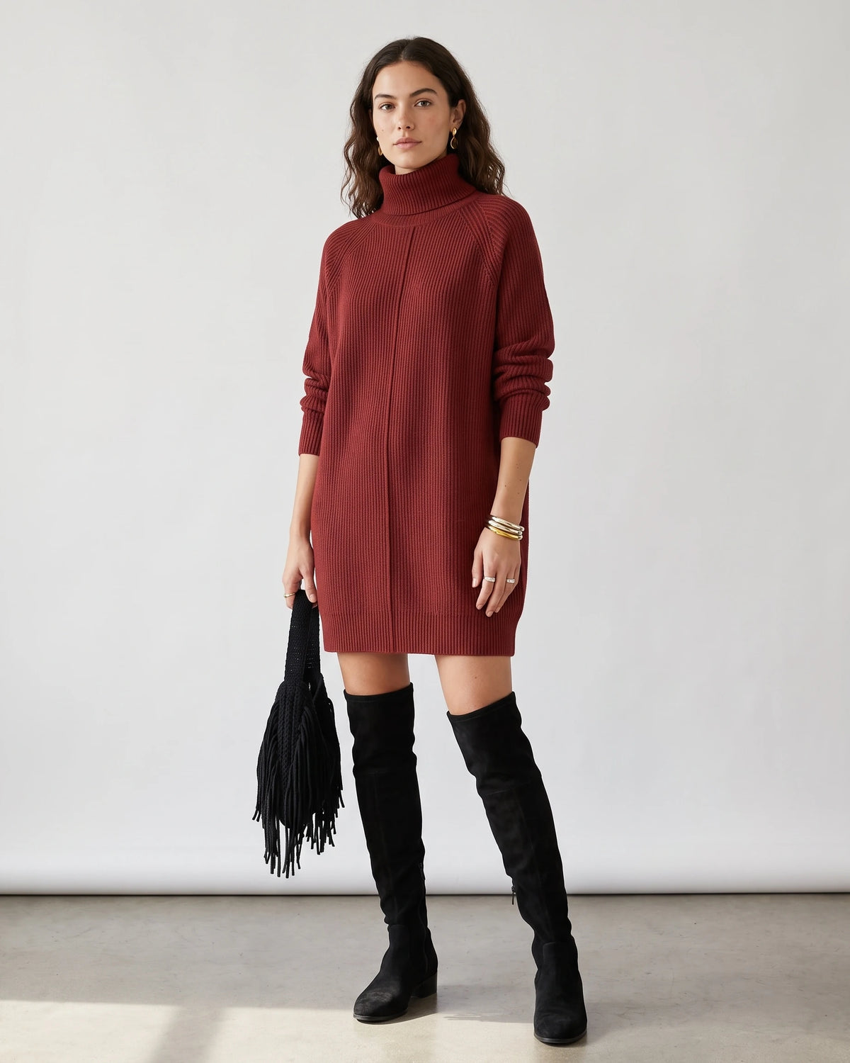 Turtleneck Ribbed Sweater Mini Dress with Long Sleeves and Relaxed Fit