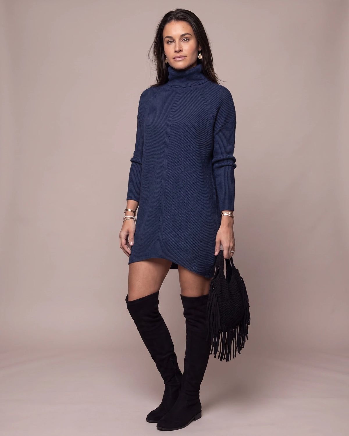 Turtleneck Ribbed Sweater Mini Dress with Long Sleeves and Relaxed Fit