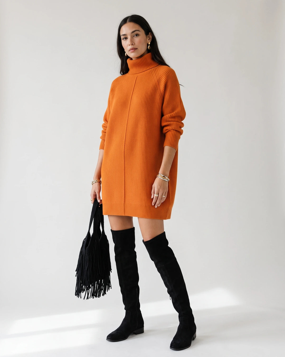 Turtleneck Ribbed Sweater Mini Dress with Long Sleeves and Relaxed Fit