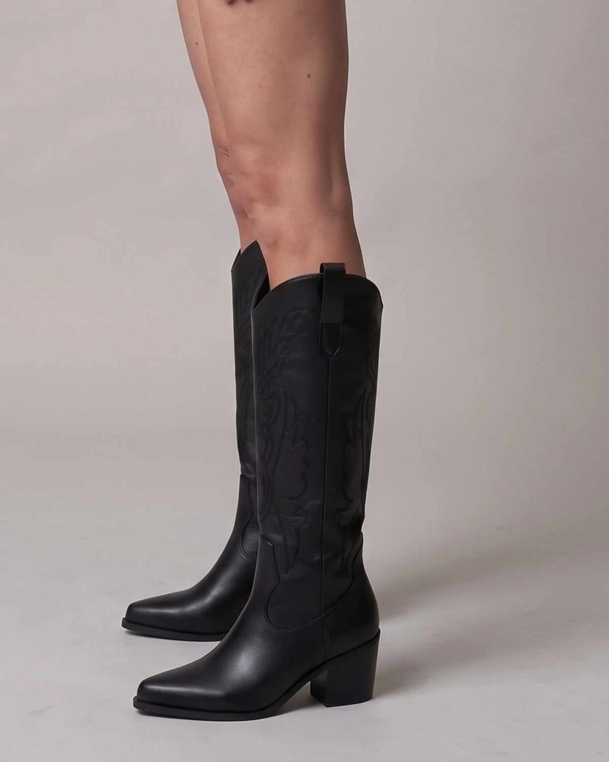 Wide Calf Knee High Cowboy Boots for Women with Pointed Toe and Stacked Block Heel