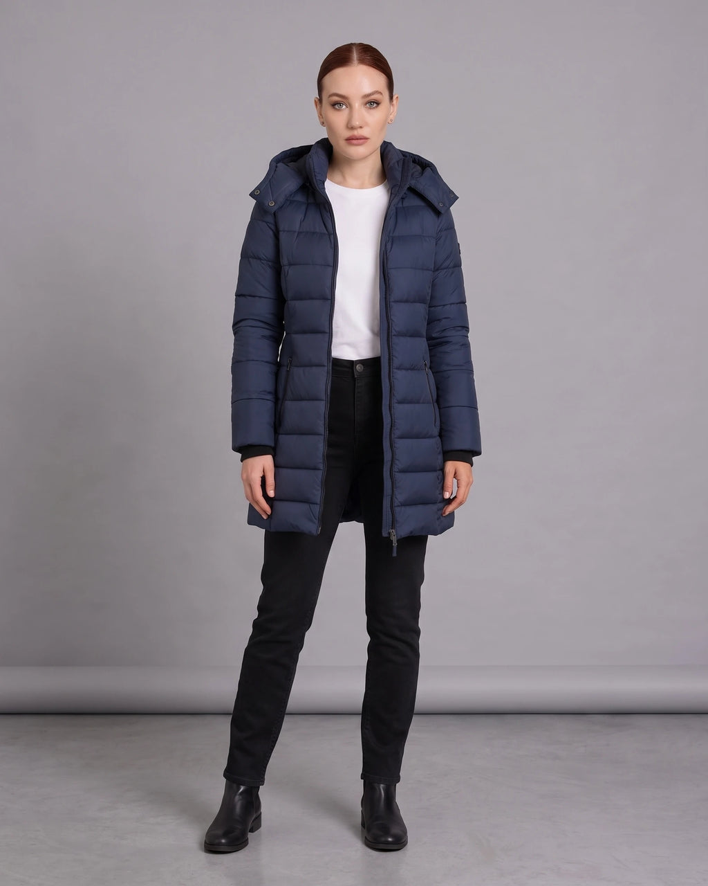 Women's Hooded Puffer Coat with Ribbed Knit Cuffs and Zippered Side Pockets